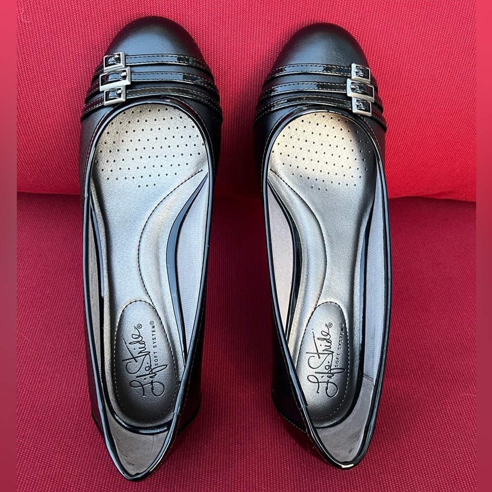 LifeStride; Soft System; Farrow, Black Vinci; Low Wedge Heel; Decorative Buckles